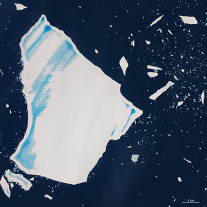 This Copernicus Sentinel-2 image over the South Atlantic Ocean features a close-up view of the A23a iceberg, once the world’s largest. The unusually cloud-free image shows the first signs that the iceberg will soon disintegrate completely.