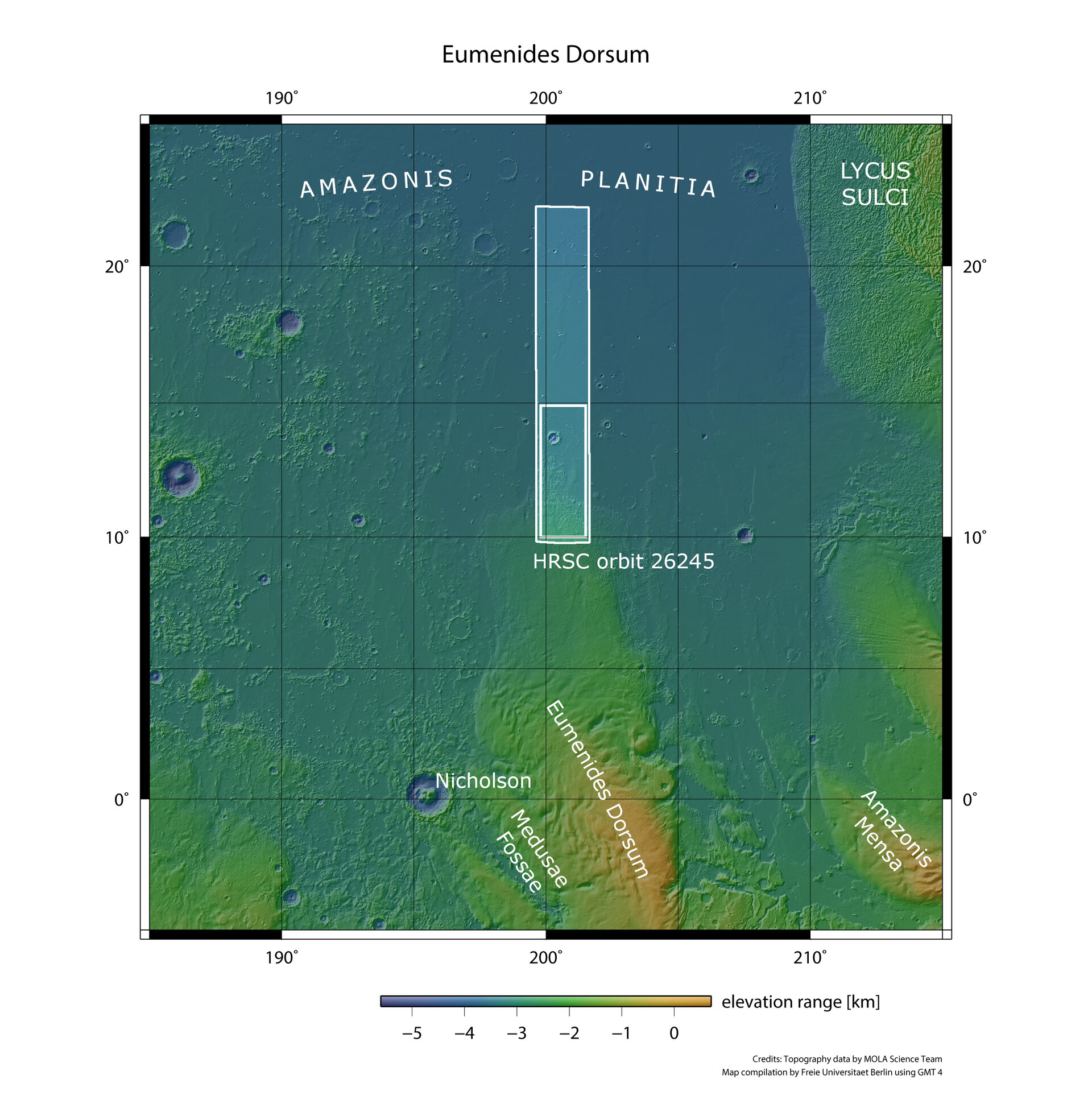Map of northern Eumenides Dorsum in context