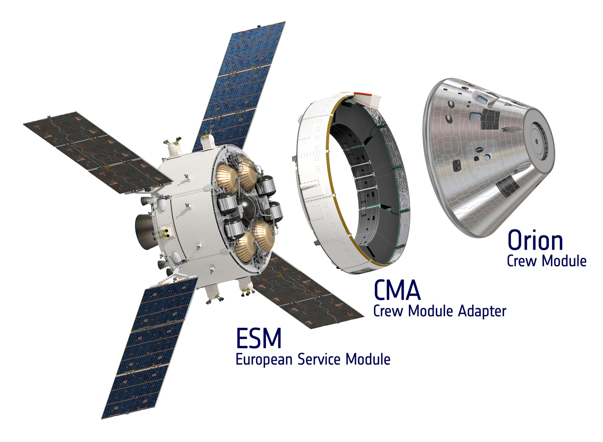 Parts of the Orion spacecraft: the Crew Module, Crew Module Adapter and European Service Module