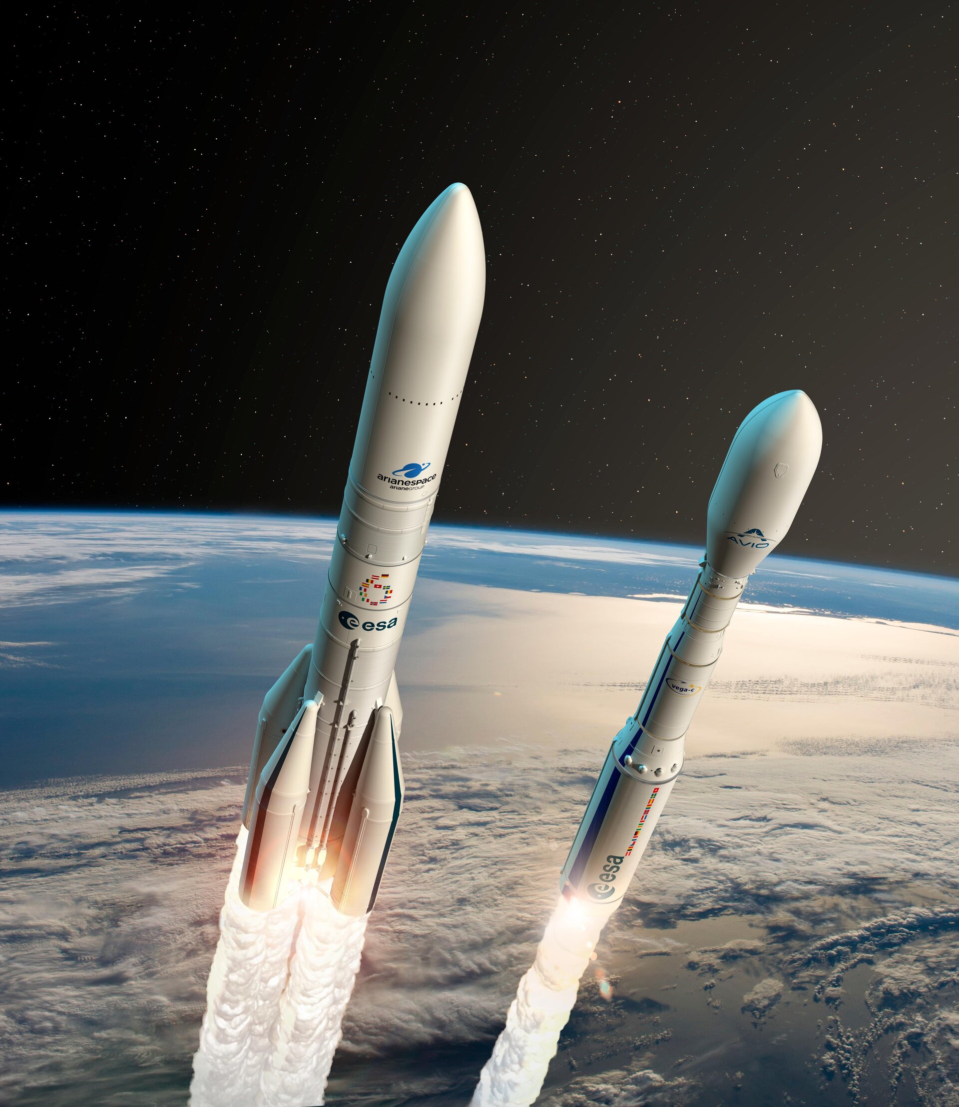 Ariane 6 and Vega-C over Earth (artist impression)