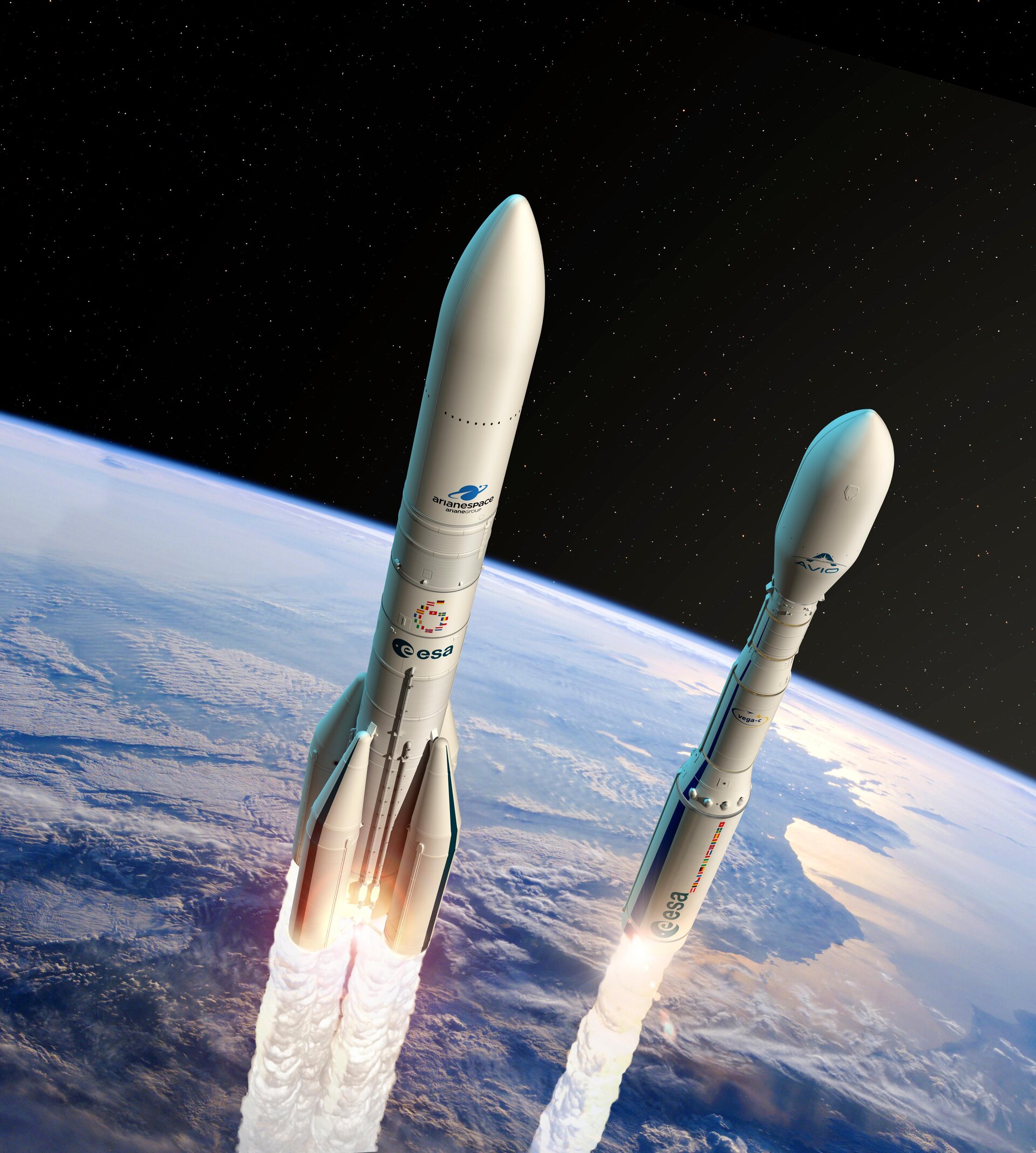 Ariane 6 and Vega-C over Earth (artist impression)