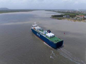 Drone view of MN Colibri boat carrying Smile arriving in French Guiana 