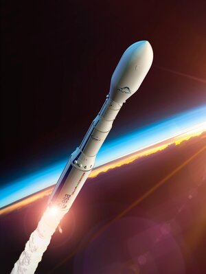 Vega-C over sunset Earth with Avio logo (artist impression)